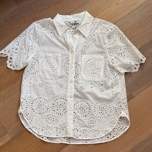 Zara White Eyelet Button-Up Short Sleeve Top